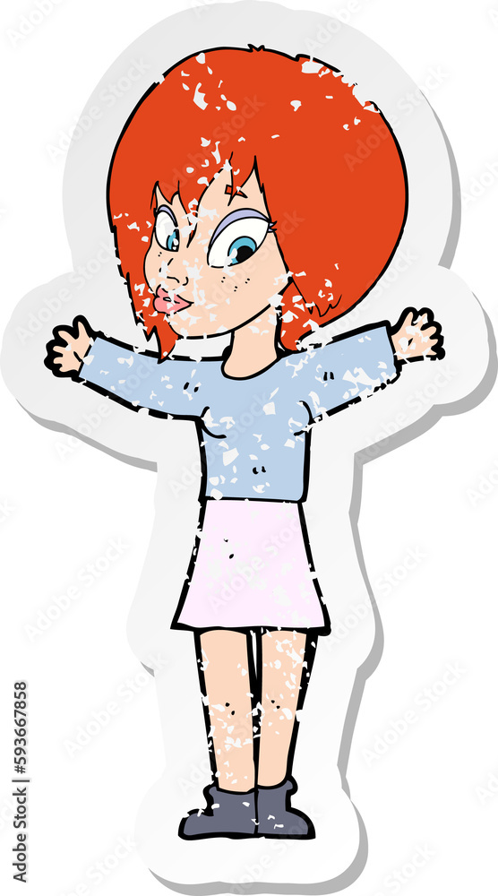 retro distressed sticker of a cartoon woman with open arms retro distressed sticker of a cartoon woman with open arms