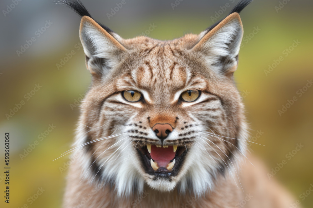 Obraz premium angry lynx with ears back and showing teeth looking at camera.