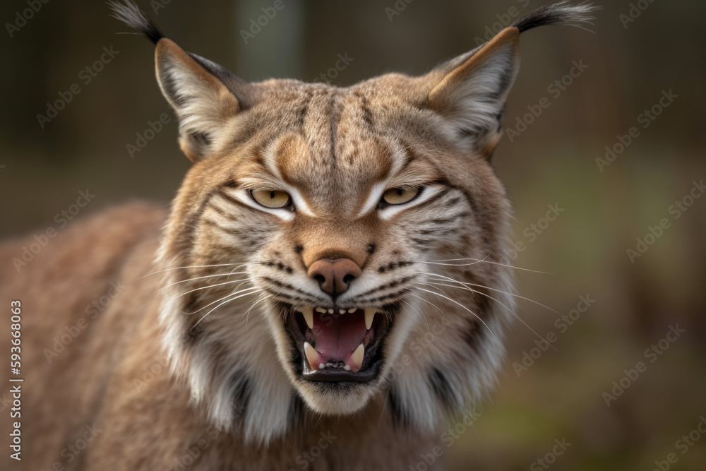 angry lynx with ears back and showing teeth looking at camera. angry lynx with ears back and showing teeth looking at camera.