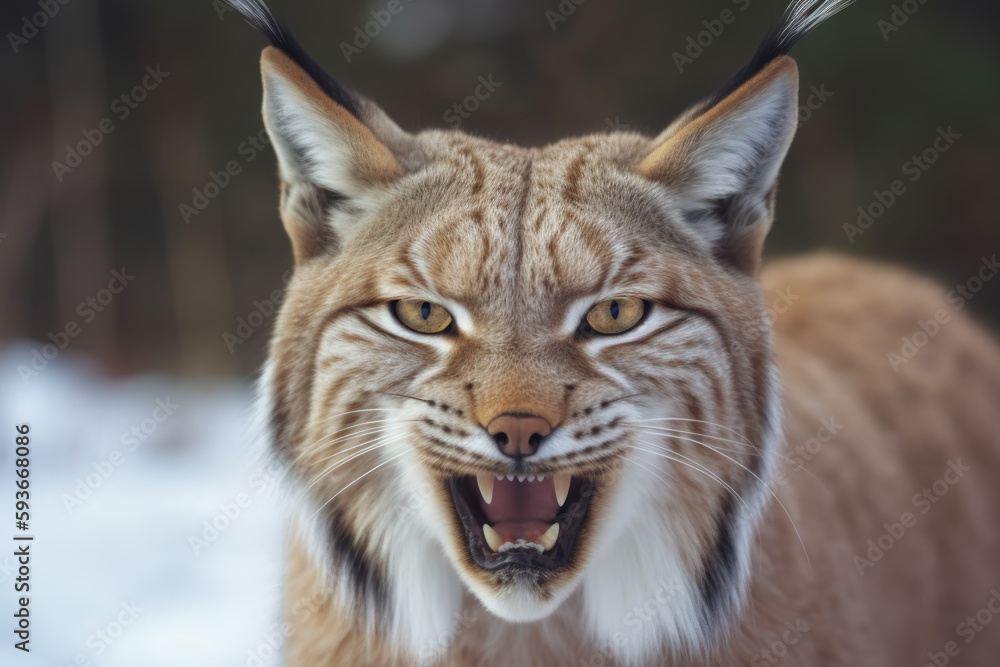angry lynx with ears back and showing teeth looking at camera. angry lynx with ears back and showing teeth looking at camera.