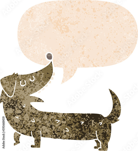 cartoon dog and speech bubble in retro textured style