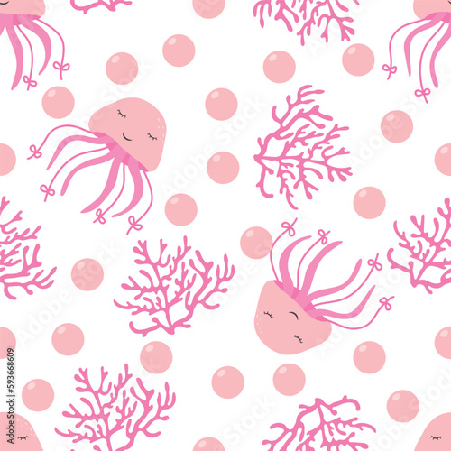 Childish seamless pattern with jellyfish and corals in pink. Vector pattern with marine life in a flat style.