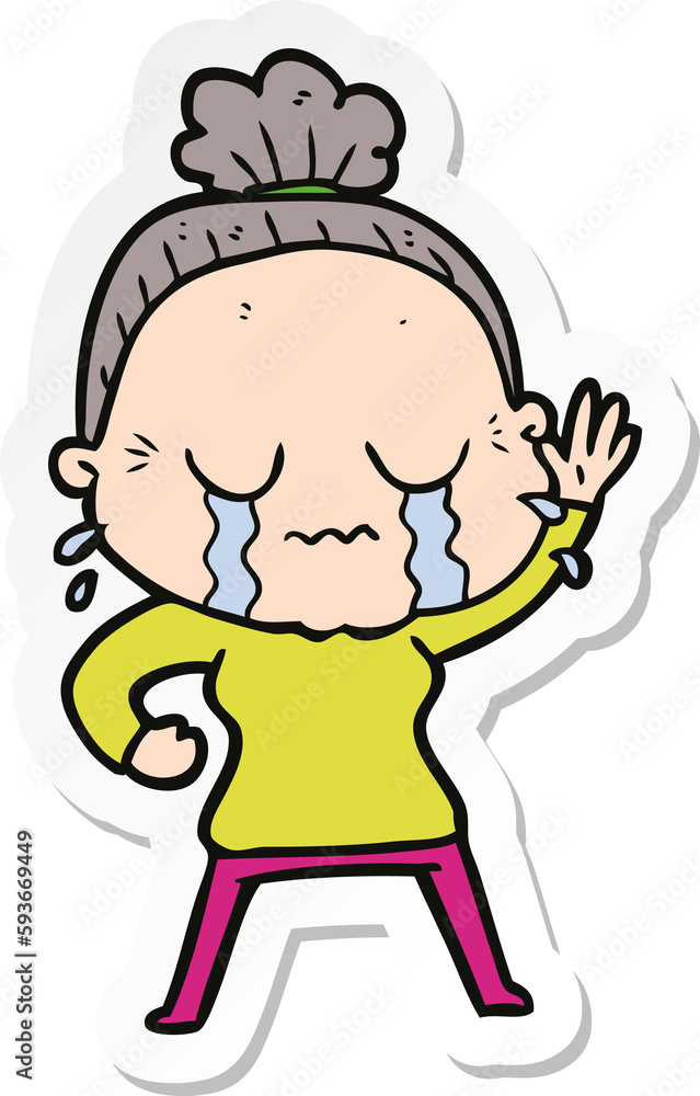 sticker of a cartoon old woman crying and waving
