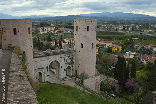 View of Spello medieval village and roman Porta Venere or Venus Gate. Perugia, Umbria, Italy, Europe © Buffy1982