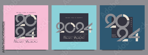 Happy new year 2024. Set of 2024 new year square template for calendar, cover, card and media post. 2024 typography logo
