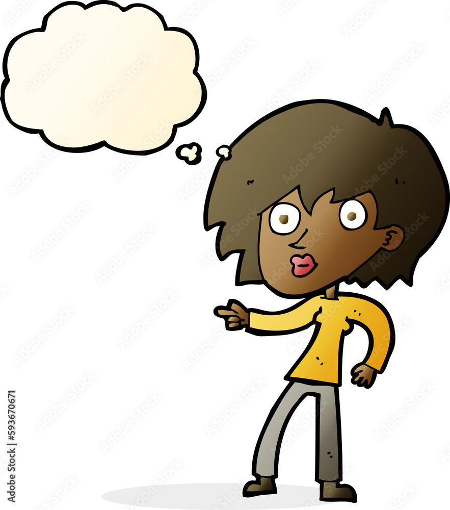 cartoon surprised woman pointing with thought bubble cartoon surprised woman pointing with thought bubble