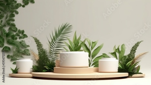 Podium in tropical forest for product presentation. ai generative.