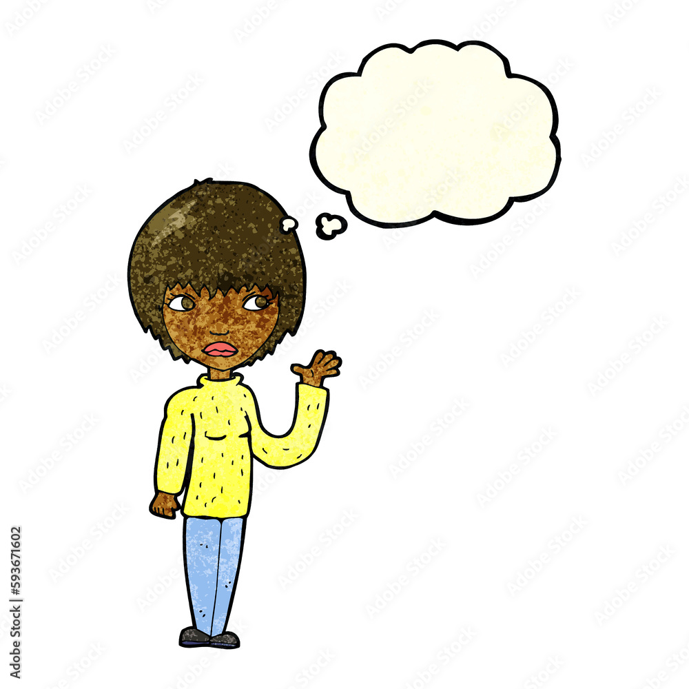 cartoon woman waving with thought bubble cartoon woman waving with thought bubble