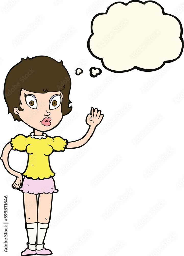 cartoon pretty girl waving with thought bubble cartoon pretty girl waving with thought bubble