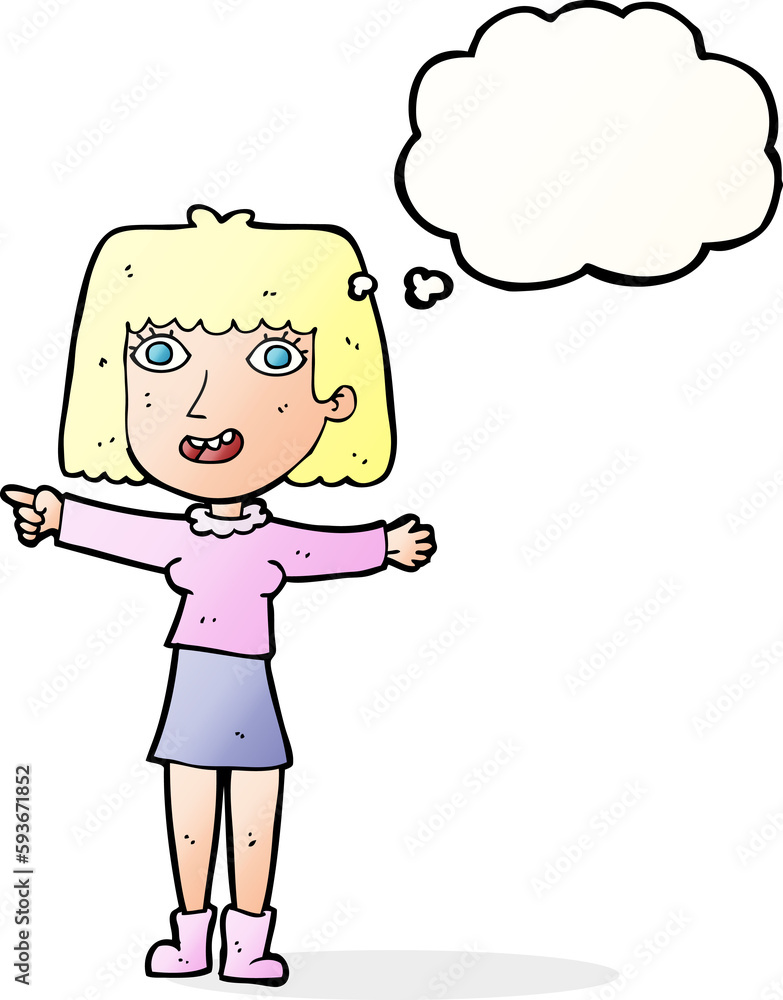cartoon happy woman pointing with thought bubble cartoon happy woman pointing with thought bubble
