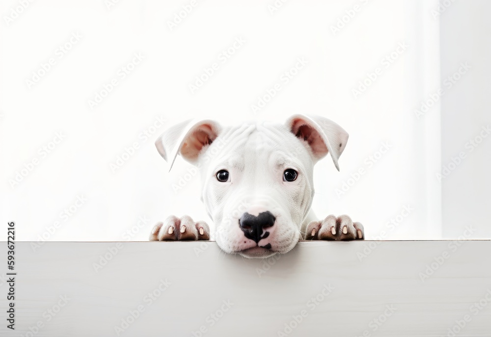 Adorable American Staffordshire Terrier Puppy Peeking Out from Behind White Table with Copy Space, Isolated on White Background. Generative AI.