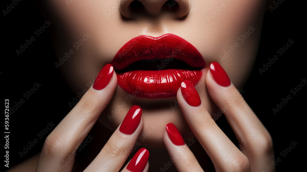 Detail of woman's mouth and hands wearing red lipstick and nail varnish - obrazy, fototapety, plakaty 
