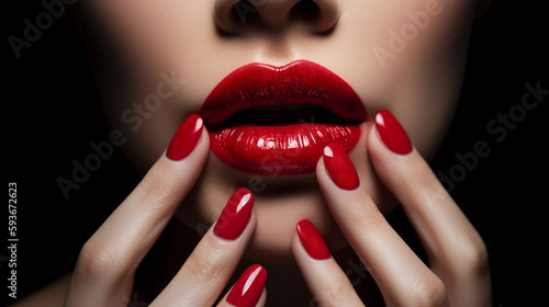 Detail of woman's mouth and hands wearing red lipstick and nail varnish photo