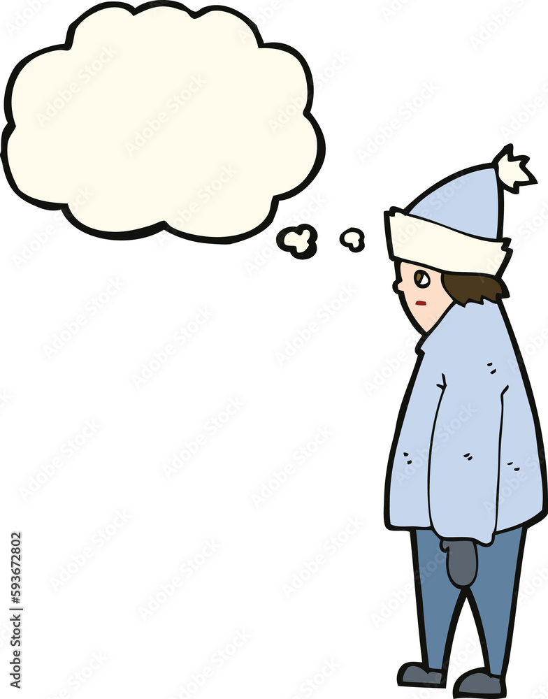 cartoon person in winter clothes with thought bubble cartoon person in winter clothes with thought bubble