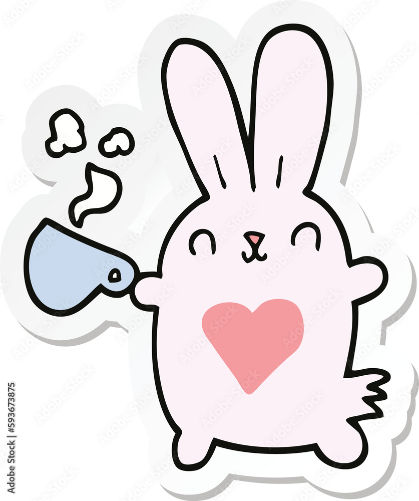 sticker of a cute cartoon rabbit with love heart and coffee cup sticker of a cute cartoon rabbit with love heart and coffee cup