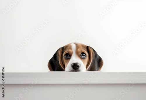 Adorable Beagle Puppy Peeking Out from Behind White Table with Copy Space, Isolated on White Background. Generative AI. © bomoge.pl