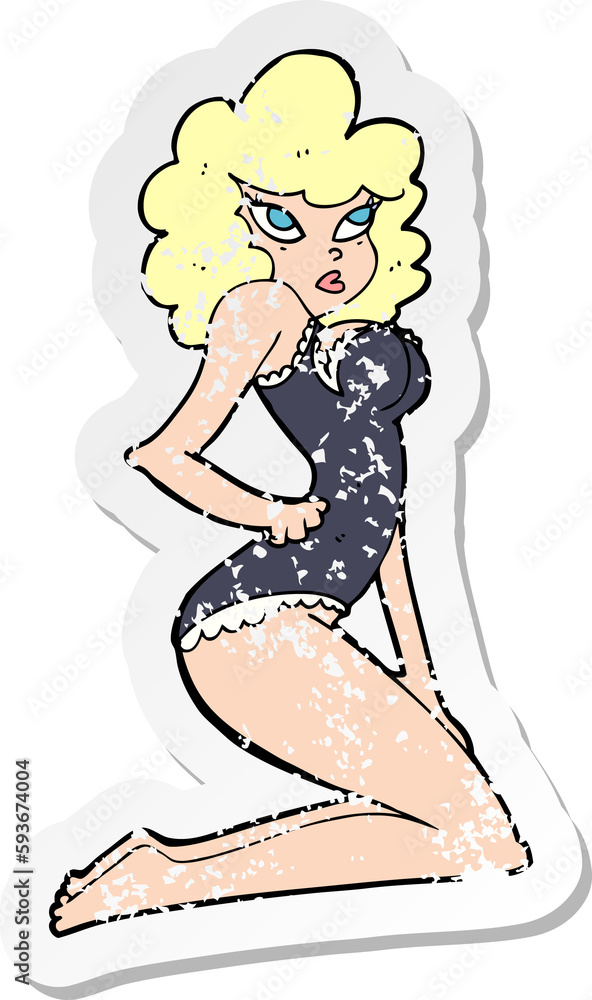 retro distressed sticker of a cartoon pin-up woman retro distressed sticker of a cartoon pin-up woman