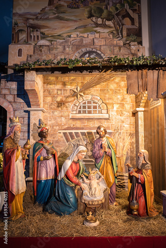 Feldkirch, Austria - January 21, 2022: Christmas cribs - nativity scene in the church - symbol of the birth of Jesus