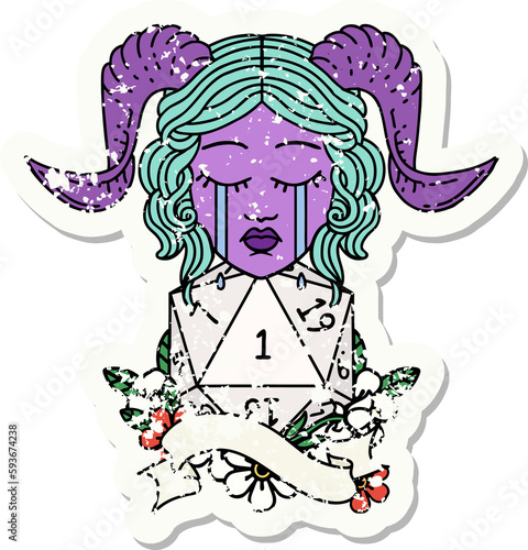 crying tiefling with natural one D20 roll grunge sticker