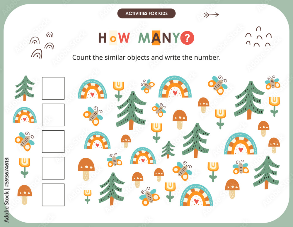 Forest activities for kids. How many. Count the number of tree, butterfly, mushroom, rainbow, flower. Vector illustration. Forest activities for kids. How many. Count the number of tree, butterfly, mushroom, rainbow, flower. Vector illustration.