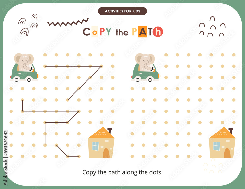 Cute Animals activities for kids. Copy the path for Elephant. Logic games for children. Vector illustration. Cute Animals activities for kids. Copy the path for Elephant. Logic games for children. Vector illustration.