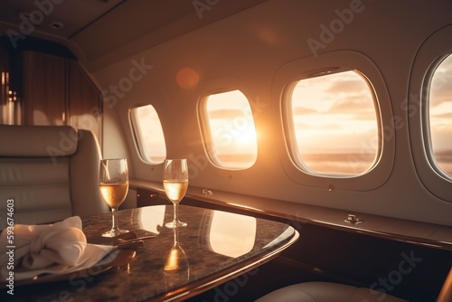 Private Jet, Luxury Table with Champagne and glasses, Sunset from the Window