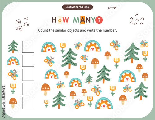Forest activities for kids. How many. Count the number of tree, butterfly, mushroom, rainbow, flower. Vector illustration.