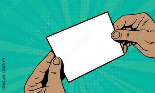 Pop art background with male hands holding a blank card for your offer. Vector colorful hand drawn illustration