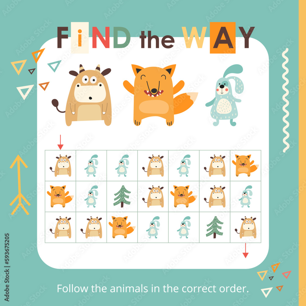 Cute Animals activities for kids. Find the way – follow the animals in the correct order – cow, fox, hare. Maze games for kids. Vector illustration. Book square format.