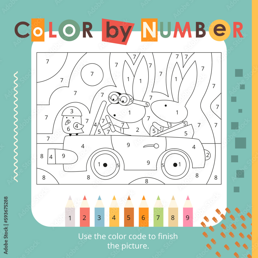 Cute Animals activities for kids. Color by numbers – Funny bunnies in car. Logic games for children. Coloring page. Vector illustration. Book square format.