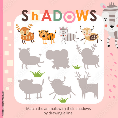 Cute Animals activities for kids. Find the correct shadow for deer  tiger  zebra. Vector illustration. Book square format.