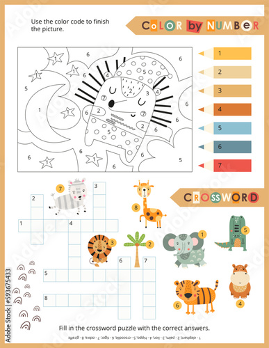 Fototapeta Naklejka Na Ścianę i Meble -  Cute Animals Activity Pages for Kids. Printable Activity Sheet with Safari Animals Mini Games – Crossword, Color by number. Vector illustration.
