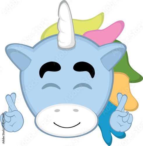 vector illustration face of a unicorn cartoon crossing the fingers of the hands, asking for a wish or good luck
