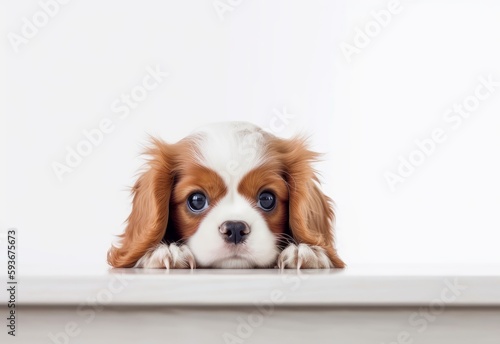 Adorable Cavalier King Charles Spaniel Puppy Peeking Out from Behind White Table with Copy Space, Isolated on White Background. Generative AI.