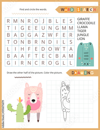 Cute Animals Activity Pages for Kids. Printable Activity Sheet with Safari  Animals Mini Games     Word Search  Finish the picture. Vector illustration.