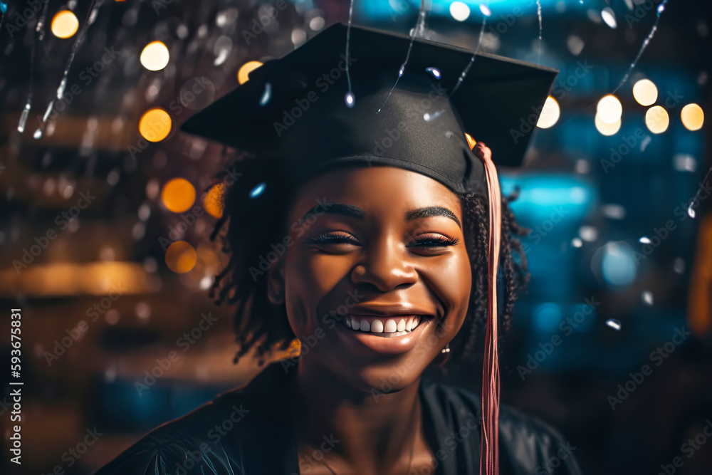 Portrait of black american young woman wearing a graduation cap dancing ...