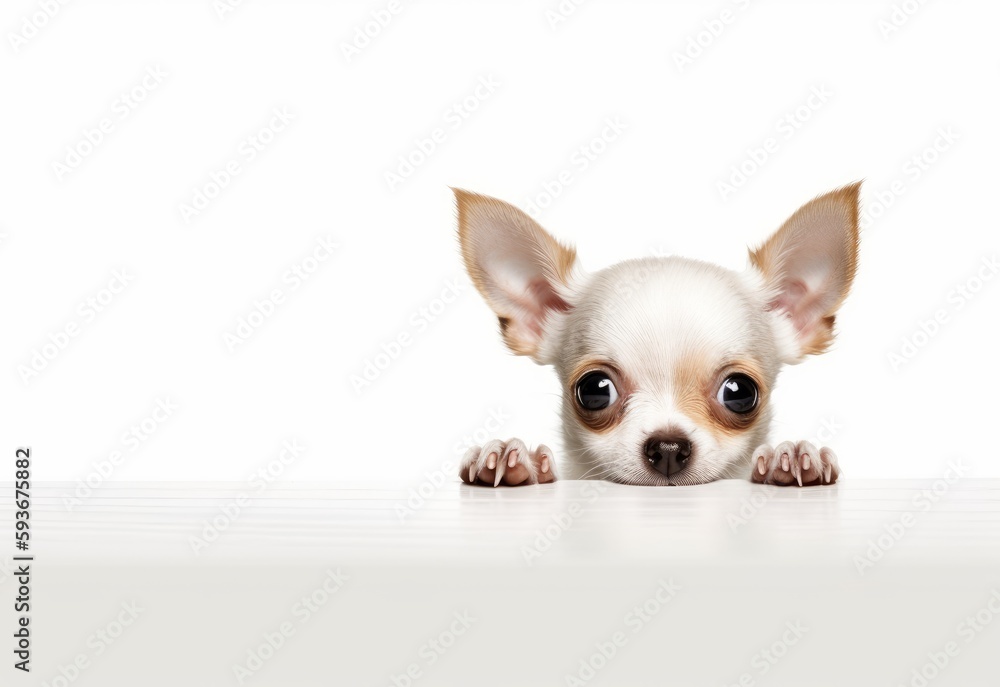 Adorable Chihuahua Puppy Peeking Out from Behind White Table with Copy Space, Isolated on White Background. Generative AI.