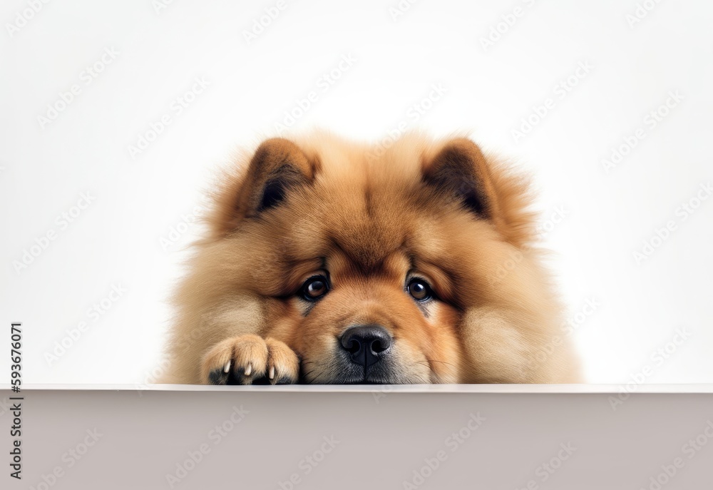 Adorable Chow Chow Puppy Peeking Out from Behind White Table with Copy Space, Isolated on White Background. Generative AI. Adorable Chow Chow Puppy Peeking Out from Behind White Table with Copy Space, Isolated on White Background. Generative AI.