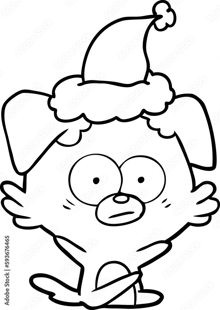 nervous dog line drawing of a wearing santa hat