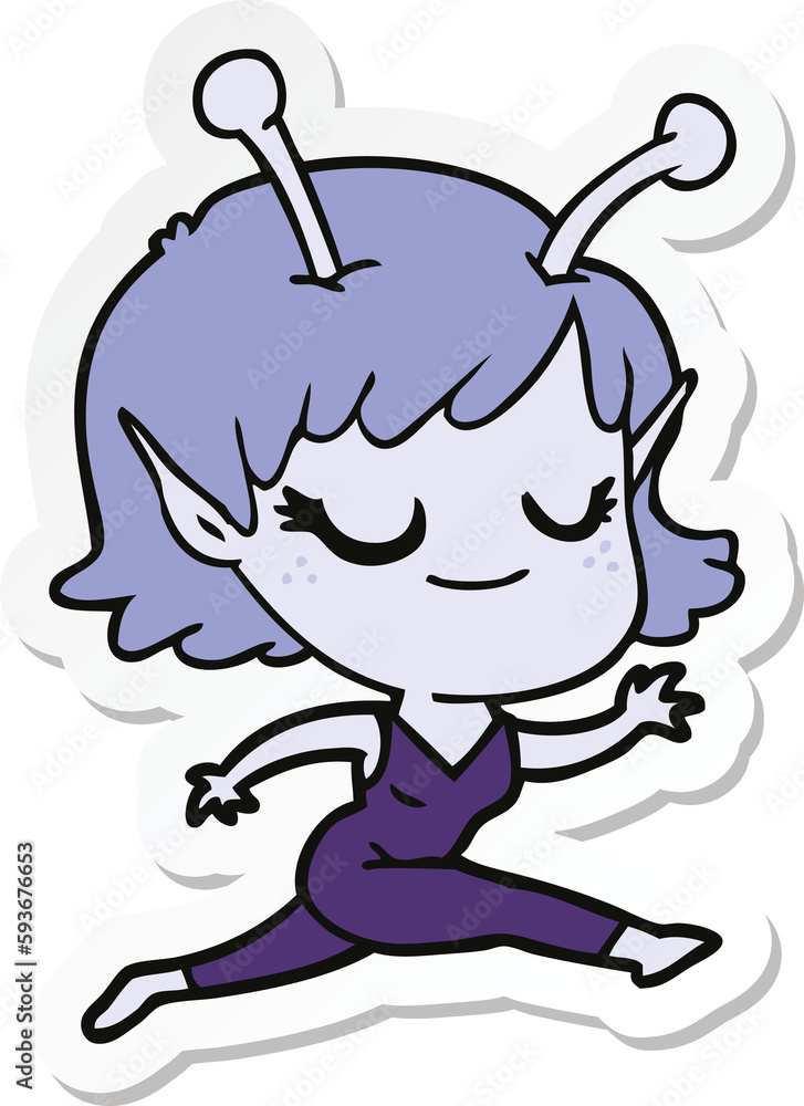 sticker of a smiling alien girl cartoon running sticker of a smiling alien girl cartoon running