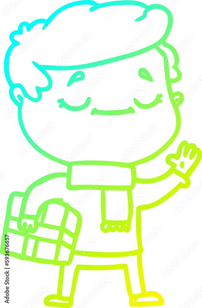 cold gradient line drawing cartoon man carrying christmas present waving cold gradient line drawing cartoon man carrying christmas present waving