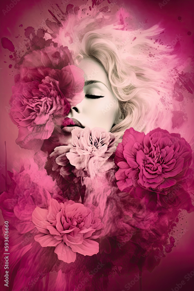 Woman portrait in pink flowers and smoke, Generative AI