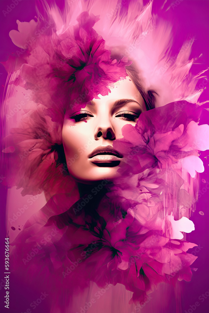 Woman portrait in pink flowers and smoke, Generative AI