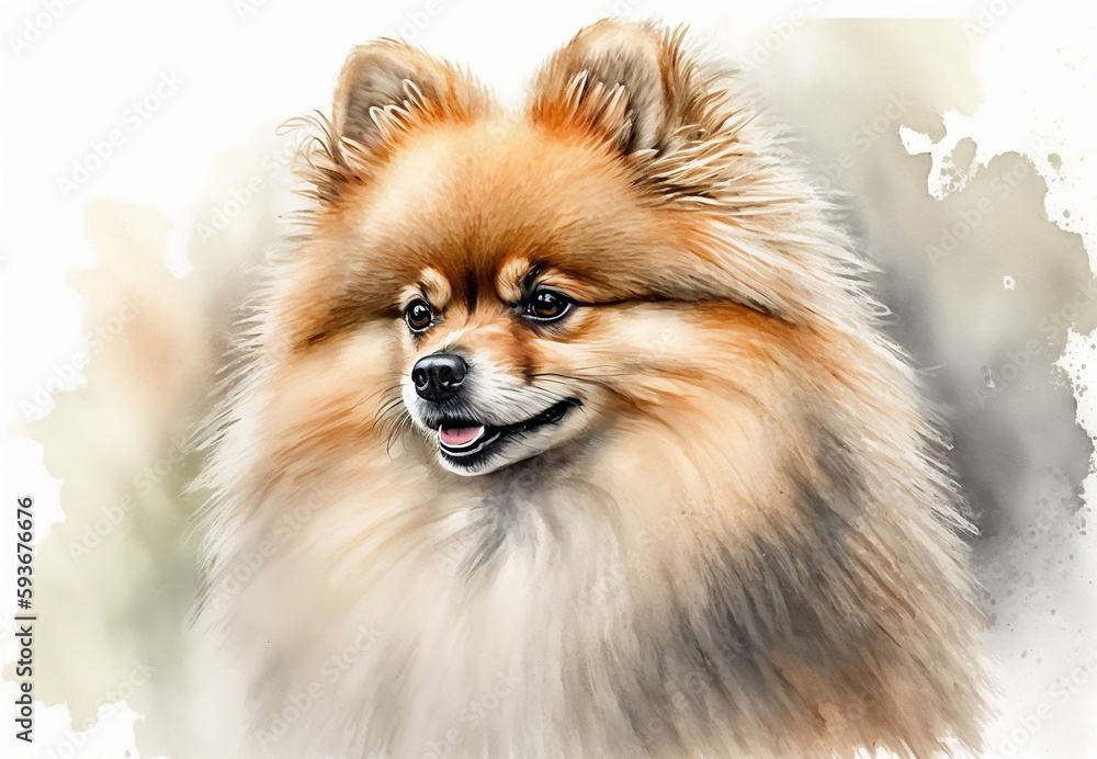 Pomeranian dog portrait, painting. A watercolor painting of a dog. Generative AI
