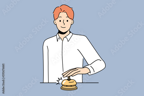 Smiling man ringing bell at hotel reception calling personnel. Happy male client or customer press ringer at administration counter. Vector illustration. 
