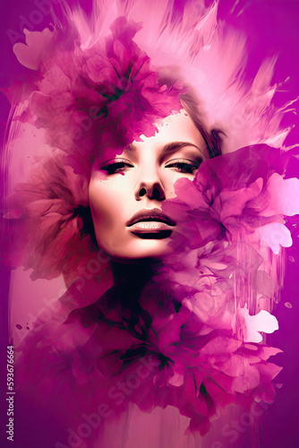 Woman portrait in pink flowers and smoke  Generative AI