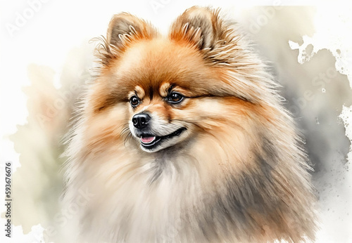 Pomeranian dog portrait, painting. A watercolor painting of a dog. Generative AI © Agnes