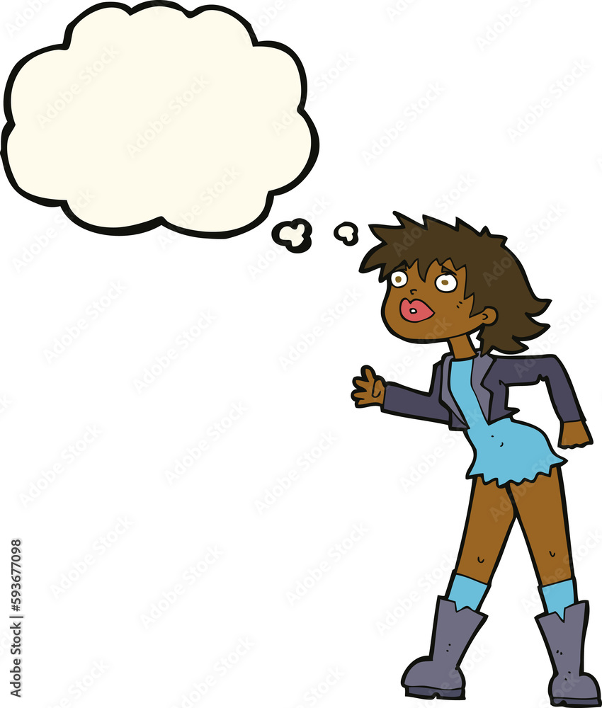 cartoon girl in leather jacket with thought bubble cartoon girl in leather jacket with thought bubble