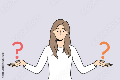 Confused woman with question marks on hands make decision. Unsure girl feel frustrated comparing different options having dilemma. Vector illustration. 