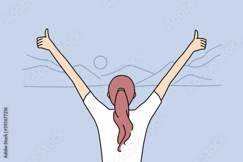 Back view of excited woman with thumbs up standing in mountains landscape enjoy life. Female with hands in air celebrate achievement or success in nature. Vector illustration. 